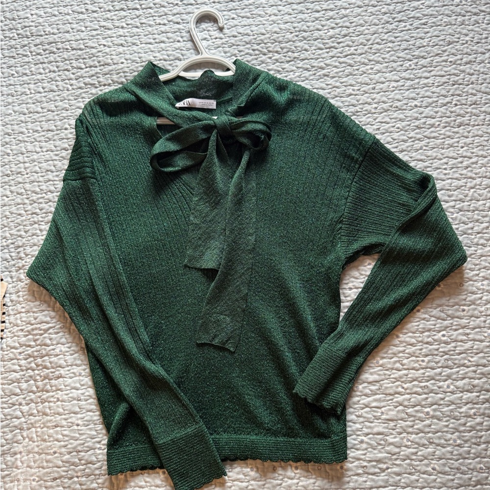 Zara Dark Green Cowl Neck Blouse with Tie